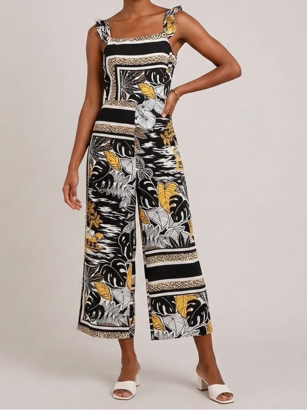Topshop Black & Mustard Botanical Wide-Leg Jumpsuit US 8